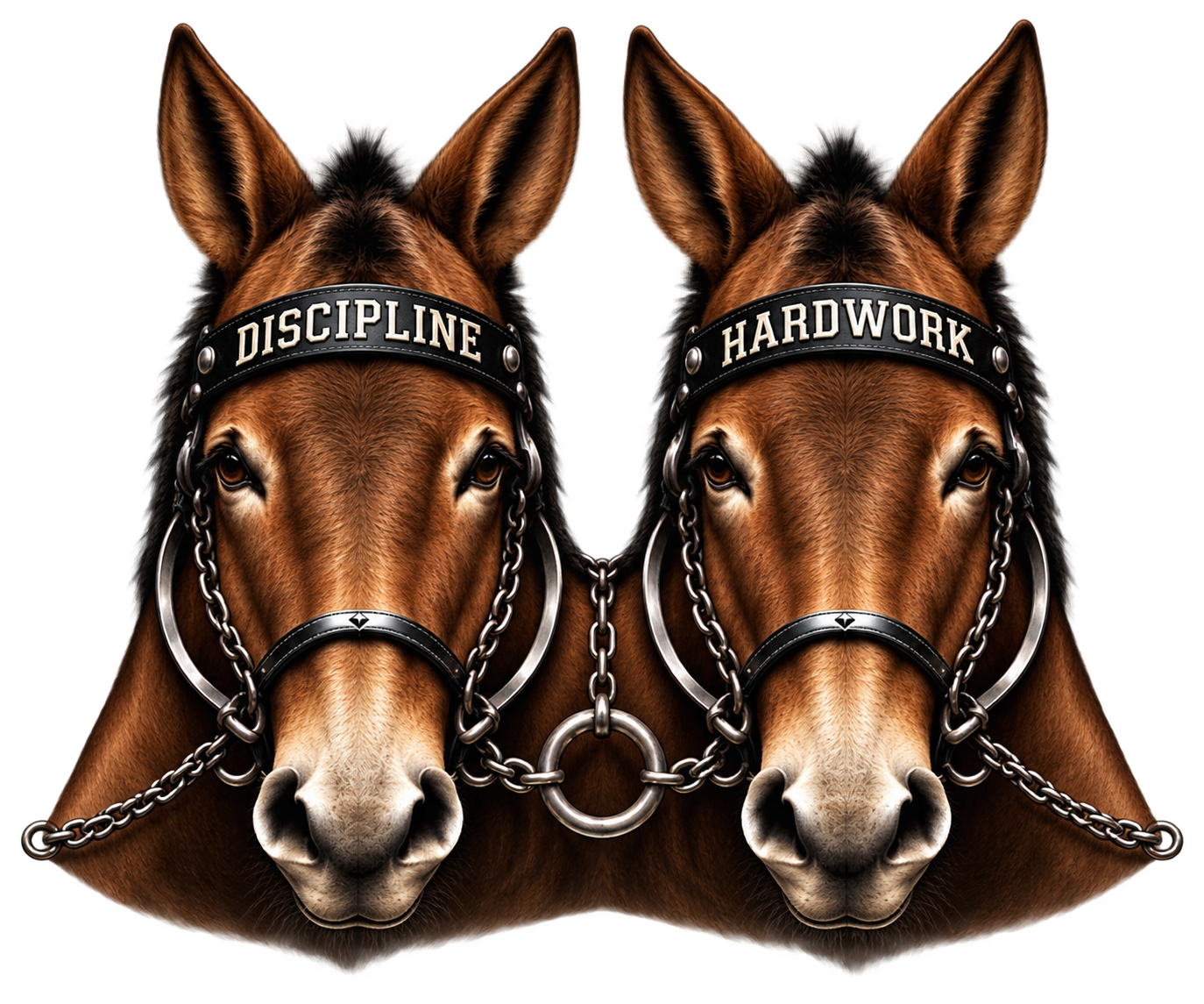 Two Muleskinner Labs mules wearing Discipline and Hard Work headbands