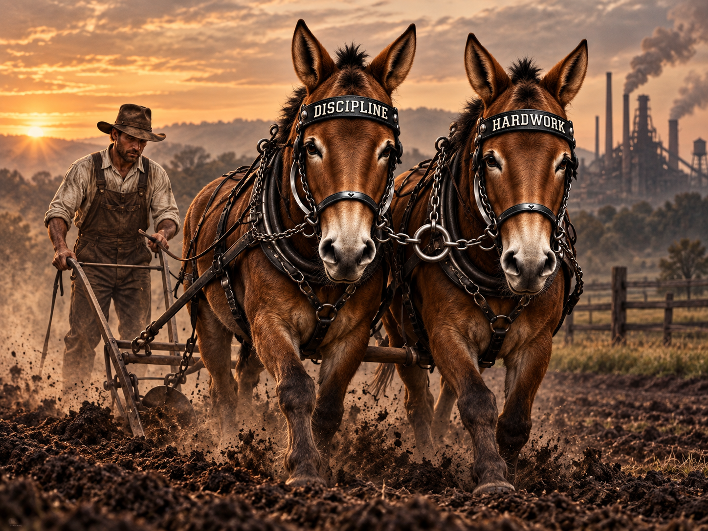 A muleskinner guiding the Discipline and Hard Work mules through hard ground