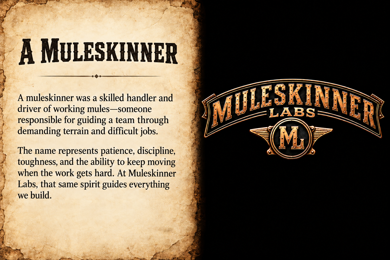 A Muleskinner. A muleskinner was a skilled handler and driver of working mules—someone responsible for guiding a team through demanding terrain and difficult jobs. The name represents patience, discipline, toughness, and the ability to keep moving when the work gets hard. At Muleskinner Labs, that same spirit guides everything we build.